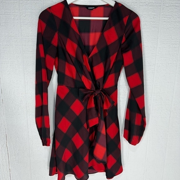 Express long sleeve plaid holiday mini dress size XXS - Picture 2 of 9